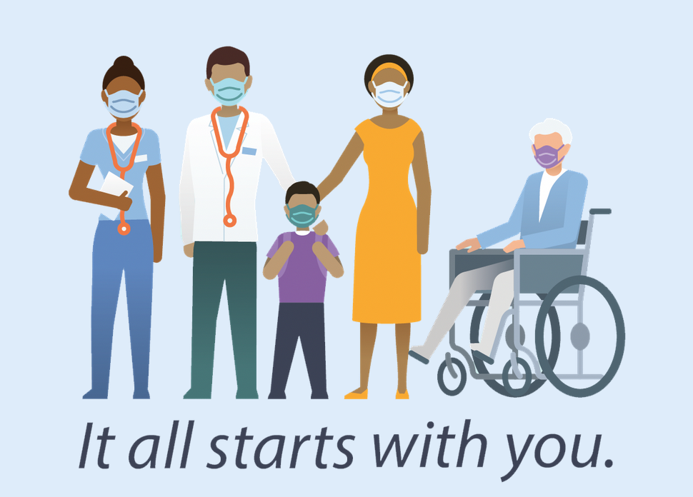 It All Begins with You Health care illustration several people including a doctor, nurse, mother, child and person with a disability together 