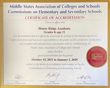 Middle State Acreditation Certificate, Honor Ridge Academy