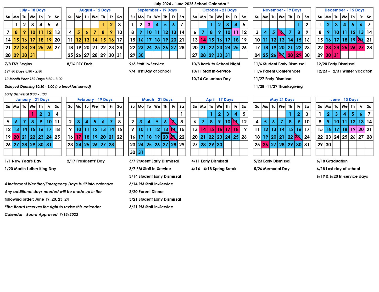 2023-2024 Academic Calendar grid