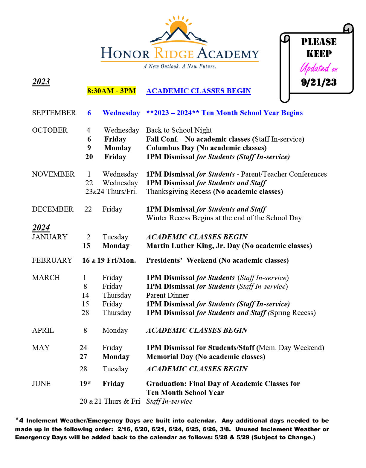 2023-24 calendar text list in image format link to PDF