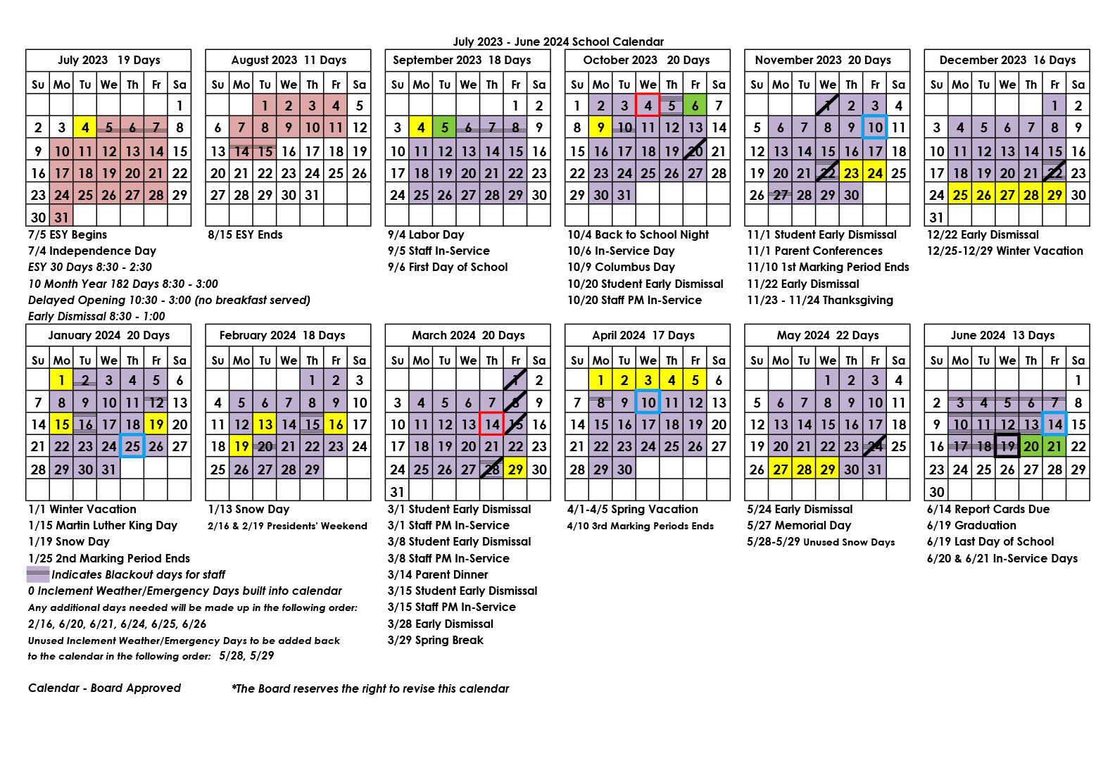 2023-2024 Academic Calendar grid