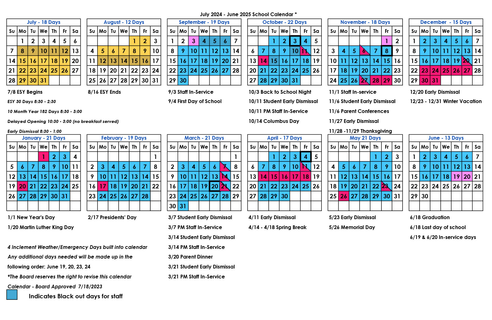 2023-2024 Academic Calendar grid