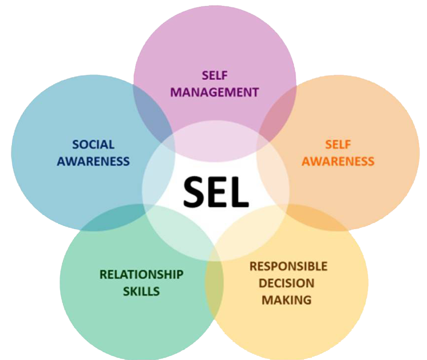 A Ven Diagram showing various features of social-emotional learning including Social Awareness, Self-Management, Self-Awareness, Responsible Decision Making, and Relationship Skills
